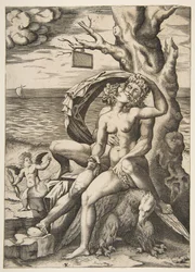 Jupiter och Semele omfamnar, en örn under dem, ett träd till höger med ett tomt t..., ca. 1515-27.