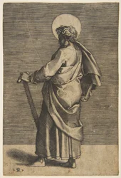 Saint Simon står vänd mot vänster och håller i en såg och en bok, ca. 1515-27.