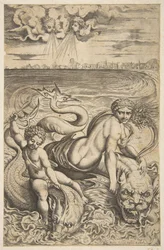 Venus och Amor rider på två havsmonster, Amor höjer en pil i sin högra hand, t..., ca. 1515-27.