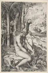 Venus tar bort en tagg från sin vänstra fot när hon sitter på en duk bredvid träd, en ..., ca. 1515-27.