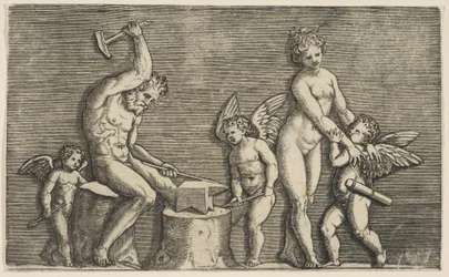 Vulcan sitter och hamrar på ett städ flankerad av Venus och tre amoriner, ca. 1515-27.
