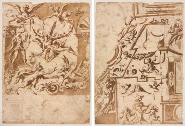 Grotesk med en Satyr som matar en drake (recto); Grotesk med en hoppande kentaur (verso)
