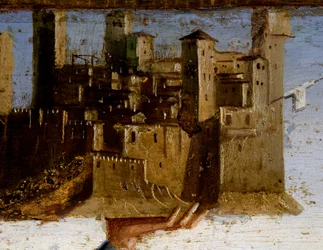 Madonna på tronen och helgon, detalj av Predella av St Adrian av Marco Palmezzano (ca 1460-1539), St Franciskyrkan, Matelica, Marche, Italien, detalj