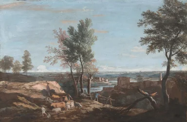 Vidsträckt pastoralt landskap, ca. 1700-1730.