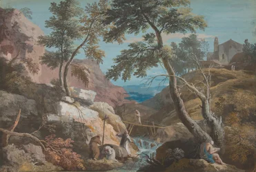 Bergigt landskap med eremiter, ca. 1700-1730.