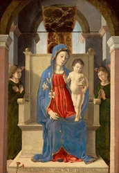 Jungfrun med en lilja (med barnet Jesus på en tron, omgiven av två änglar) - Jungfru med en lilja, av Zoppo, Marco (1433-1478). Tempera och olja på trä