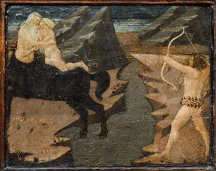 Cassone med stridsscen och scener ur Herkules arbete, FLorence, Itlay, ca 1460 (tempera, gesso  trä)