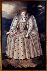 Fotporträtt av drottning Elisabeth (Elizabeth) Iere av England Målning av Marcus Gheeraerts (Gerards eller Geerards) den unge (1561-1635) Runt 1592 sön. 2,41x1,52 m London, National Portrait Gallery