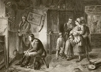 Napoleon söker vila i en stuga vid vägkanten efter sitt nederlag vid Waterloo, graverad av J.D. Cooper