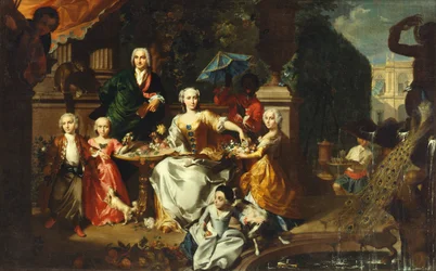 En familjegrupp på en terrass på tomten till en villa. Möjligen den engelske affärsmannen George Jackson och hans familj