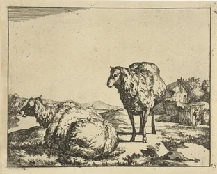 Stående och liggande får med gård i bakgrunden Får (serietitel)