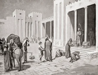 En syro-hettitisk prins intervjuar en grupp av sina semitiska undersåtar i Bit-hilani, från Hutchinsons History of the Nations, pub.1915