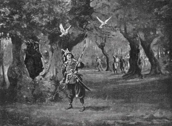 En händelse i det japanska "Rosornas krig" (litografi)