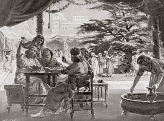 Glädje i Babylon vid Esarhaddons återuppbyggnad av staden, från Hutchinsons History of the Nations, pub.1915