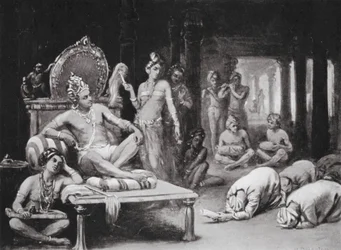 Vikramanka Chalukhya skickar ett vänligt brev till Kulottunga Chola (litografi)