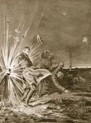 En granat exploderar nära menige Jackson och blåser av hans arm när han hjälper till att föra in en sårad man (litografi)
