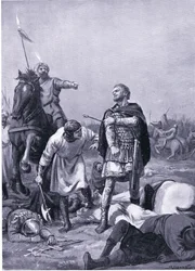 Alp Arslantis erövring av kejsaren Romanus Diogenes 1071 e.Kr. (litografi)