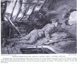Kompaniets sergeant major Barwick prickskjuter från en ruin av en stuga vid Ghehuvelt oktober 1914 (litografi)
