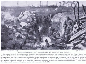 Vicekorpral Best tilldelad DCM för att ha börjat återuppbygga sin skyttegrav vid Yserkanalen under kraftig beskjutning augusti 1915 (litografi)