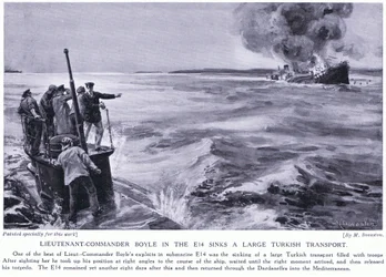 Kaptenlöjtnant Boyle i E14 sänker en stor turkisk transport 1915 (litografi)