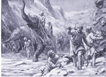Mahmud av Ghaznis första framgång 1000 e.Kr. (litografi)