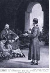 Vologeses III övervakar samlingen av Pahlavi Avesta 160AD (lito)