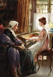 Deras kvällshymn. Kromolitografi efter målning av den engelska konstnären Margaret Isabel Dicksee (1858-1903) utgiven 1892. Ung flicka spelar keyboardmusik (cembalo) för sin åldrade mormor.