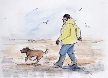 Promenad med hunden - 01 (penna och akvarell)