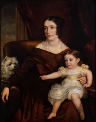 En mor och ett barn med en vit hund i en interiör, ca 1815-66 (olja på duk)