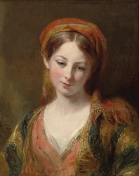 Porträtt av en ung flicka, tros vara Henrietta Carpenter, bystlängd, i orientalisk klänning, 1839