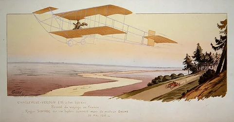 Roger Sommer (1877-1965) flyger rekordsträcka i sitt Sommer-biplan från Charleville till Verdun, maj 1910, publicerad av Mabileau, Paris