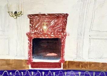 Interiör med röd skorsten, 2018 (akvarell och tempera på papper)