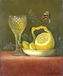 Stilleben med citron och skuret glas
