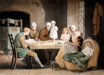 Tre generationer lyssnar på en läsning ur familjebibeln, c1800