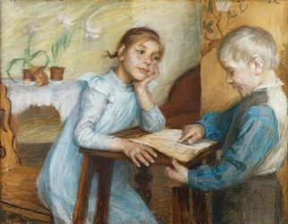 En interiör med en pojke som läser för en flicka, 1912