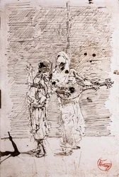 Två arabiska musiker, ca 1871 (penna och svart bläck på papper)