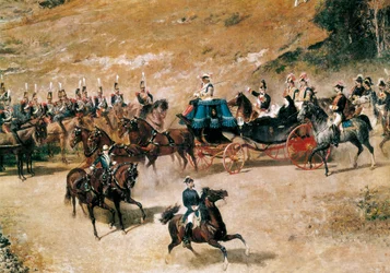 Drottning María Cristina och hennes dotter, Isabel II, granskar artilleribatterierna som försvarar Madrid 1837, detalj, ca. 1866 (olja på duk)