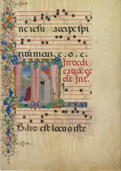 Manuskriptblad med invigning av en kyrka i ett initialt T, från en Gradual, 2:a hälften av 1400-talet.