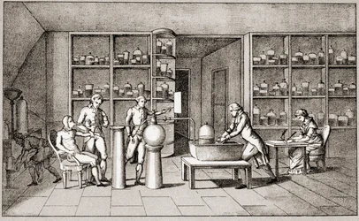 Antoine Laurent de Lavoisier (1743-1794), fransk kemist som genomför ett experiment om andning av vilande människa. Teckning av fru Lavoisier. Paris 1700-tal. Leemage-samling