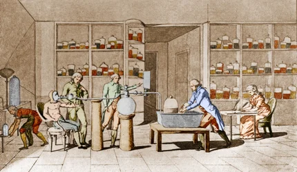 Antoine Laurent de Lavoisier (1743-1794), fransk kemist, har en erfarenhet av andning av en vilande människa. Från ritningen av Mme Lavoisier.Paris 1700-tal. Leemage samling