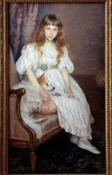 Den lilla flickan med den vita hunden eller porträtt av Adeline Poznanska. Målning av Marie Louise Catherine Breslau (1856-1928), 1891. 1,3 x 0,76 m