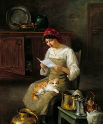 Ung kvinna som läser ett brev. Målning av Marie-Yvonne Laur Dite Yo (1879-1943)