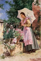 "" Damen med paraplyet "" Målning av Isidoro Marin Gares (1863-1926) Granada från slutet av 1800-talet. Museet för Bellas Artes de Granada.