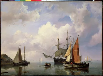 Havslandskap. (Ett havslandskap). Målning av sjömannen Adrian Koekkoek (1807-1870). Olja på duk. holländsk konst. Statens friluftsmuseum Peterhof, Sankt Petersburg.