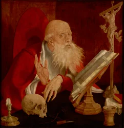 Saint Jerome dans sa cellule - Saint Hieronymus in his Cell, av Reymerswaele, Marinus Claesz, van (ca 1490-efter 1567). Olja på trä, ca 1545. Mått: 84,3x82,5 cm. Brukenthal National Museum, Sibiu