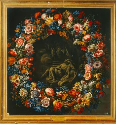 Blomsterkrans med en biblisk scen i mitten