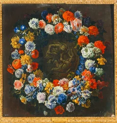 Blomsterkrans med en biblisk scen i mitten