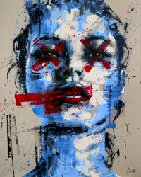 Blue Red Kate, 2024 (akryl och olja på omvänd duk)