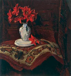 Matta och vas med röda liljor, av Mario Puccini (1869-1920), olja på duk, 64x59 cm.