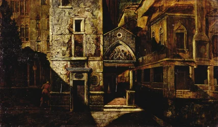 Ett hörn i Venedig, av Mario de Maria, pseudonym för Marius Pictor (1852-1924), olja på panel, 39,5x66,5 cm